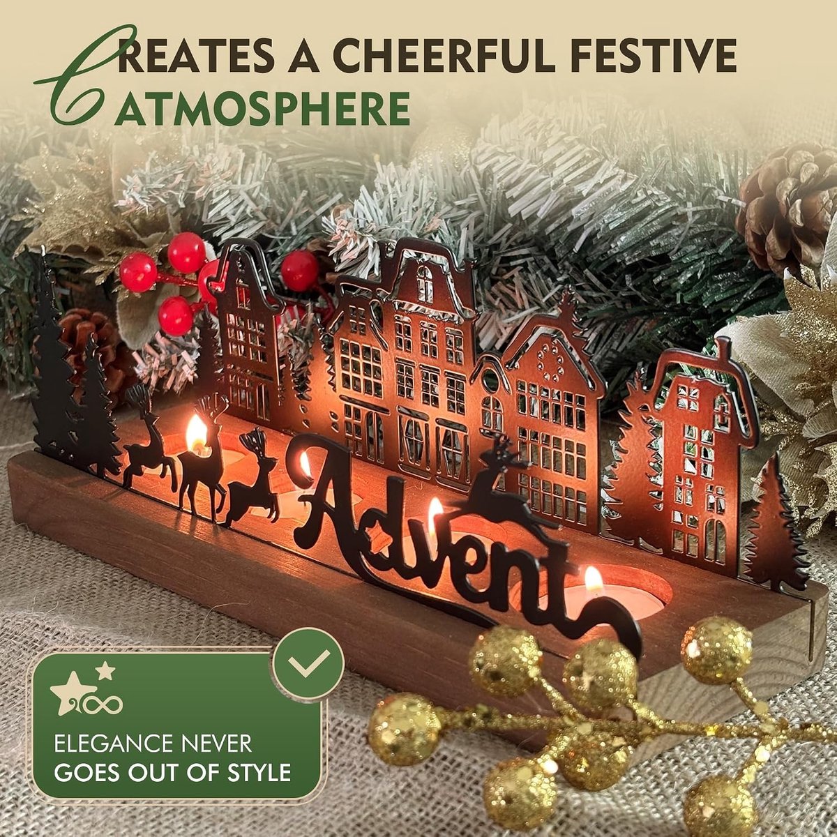 Adventskrans - Zwart - 26 x 8 x 9,5 cm - Metalen Kandelaar met Houten Houders - Voor Kerstdecoratie – foto 5