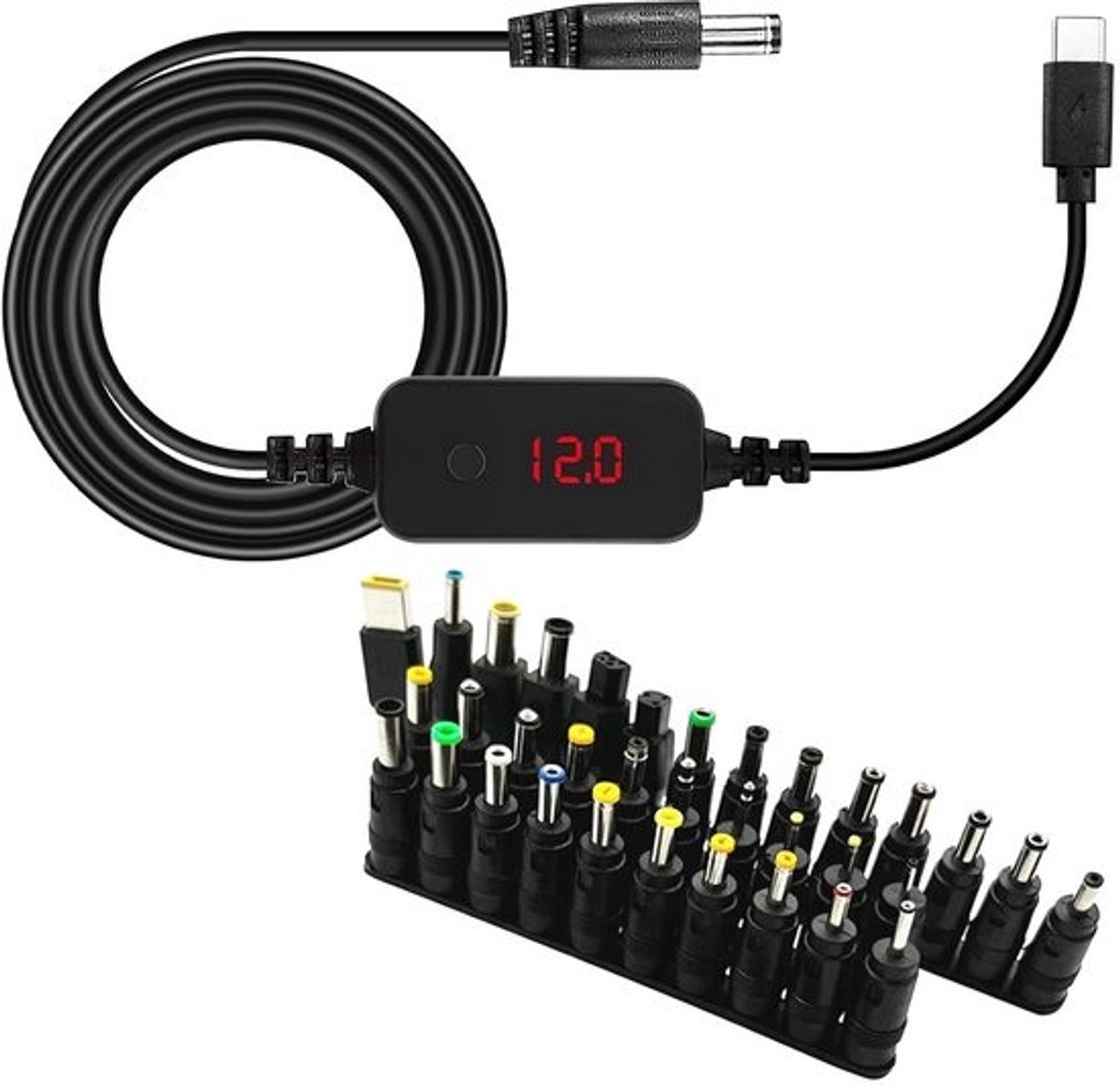 Universele USB-C naar DC Adapterkabel met 34 Stekkers | Instelbare Spanning (5V-20V) voor Laptops en Apparaten