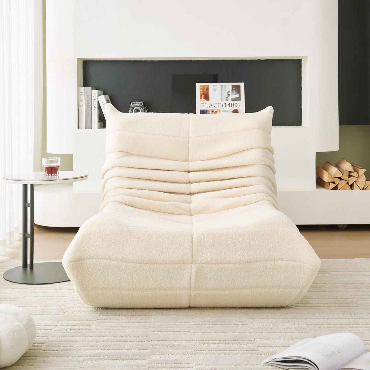 MEUNIQ zitzakfauteuil met rugleuning 110 x 85 x 79 cm – beige polyester loungestoel met schuimvulling voor woonkamer, slaapkamer en leeshoek