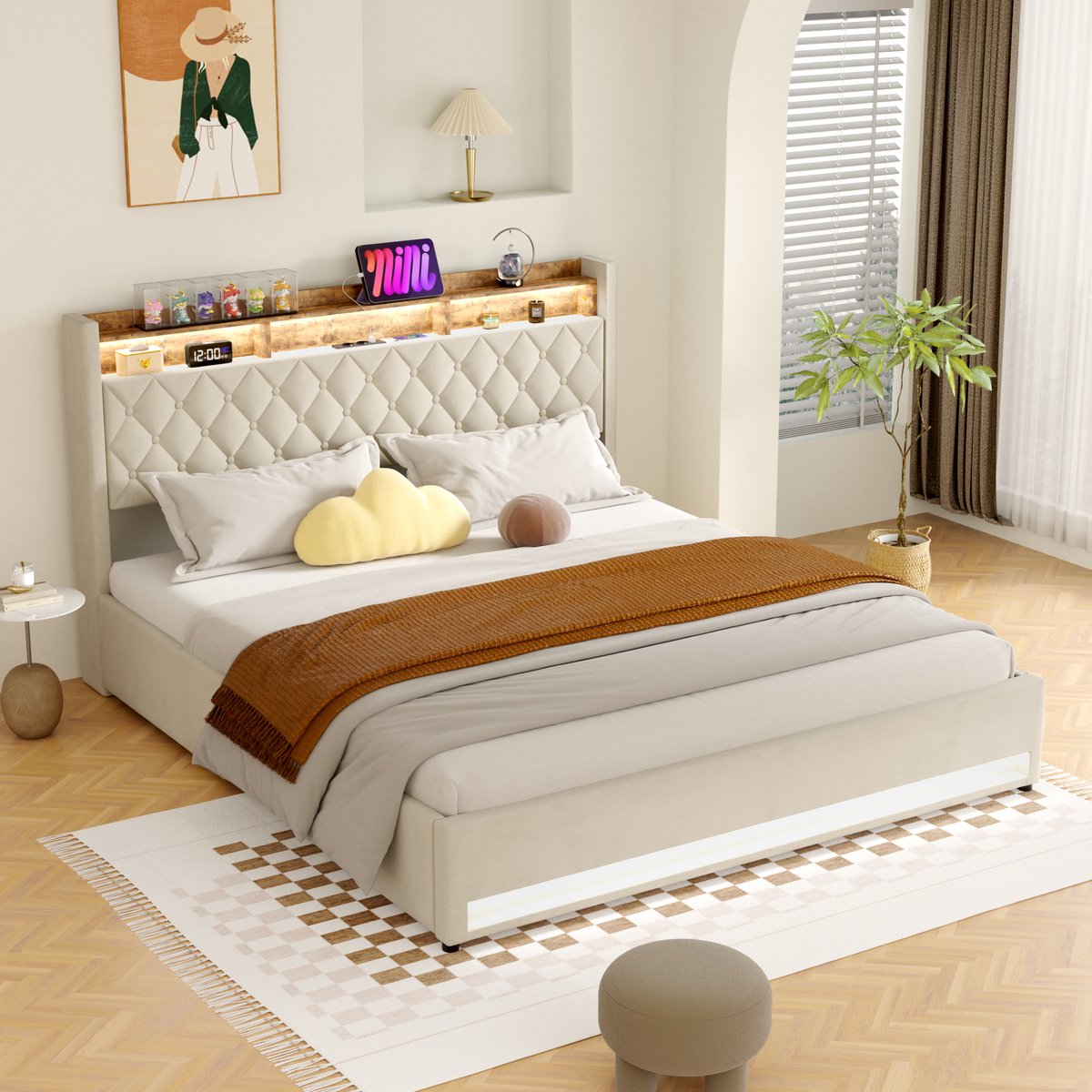 WUVRIE Gestoffeerd bed 180x200 cm met lattenbodem en hoofdbord, fluweel in beige