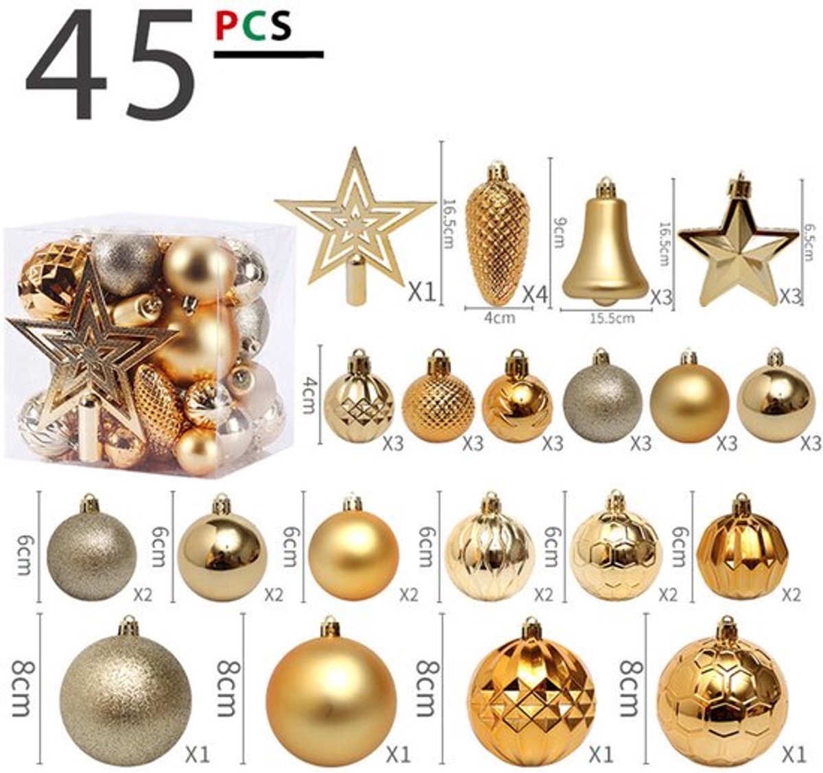 Kerstballen Set - 45 Stuks - Kunststof Kerstballen - Kerstversiering - Kerstdecoratie - Ø 6 en 8 cm - Inclusief Boompunt, Ballen en Sterren