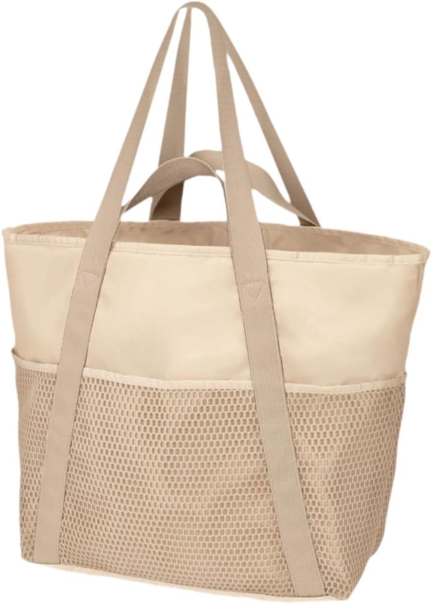 Handtas - Schoudertas - Strandtas - Beach Tote Bag Waterafstotend - Grote Strandtas van Nylon met Rits en Mazen Zakken - Voor Zwembad, Gym, Reizen, Dagelijks Gebruik - Beige