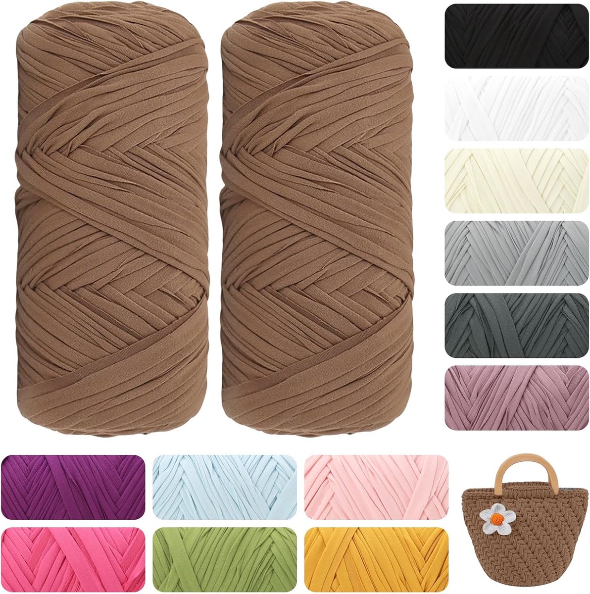 400 g, van katoen, zacht lintgaren voor haken, breien en macramé, voor manden, tassen, tapijten en woondecoratie, doe-het-zelf voor beginners en professionals (donkerbruin)