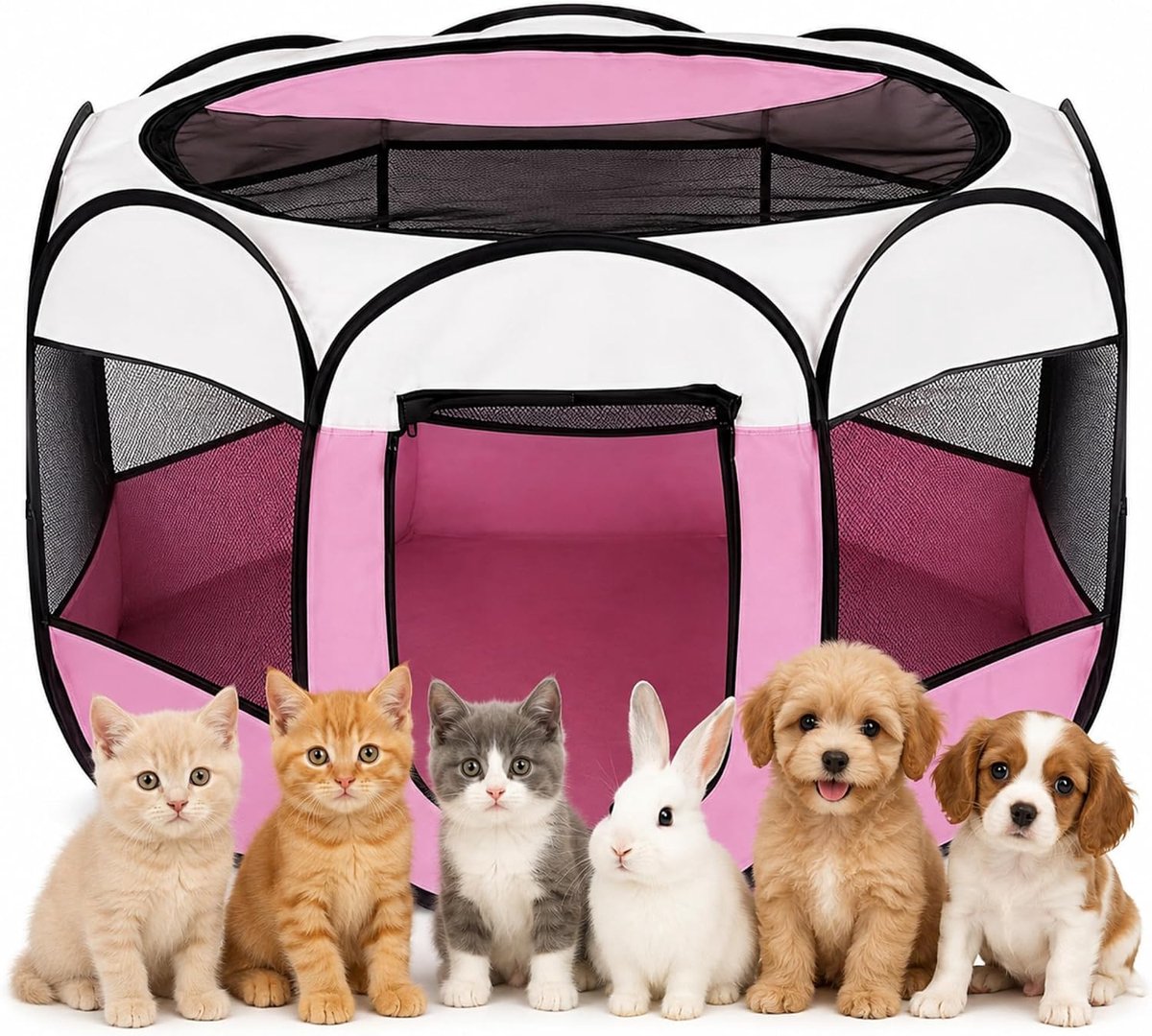 opvouwbare hondenbox, 74 x 74 x 43 cm, puppybox, kattenhok voor thuis, opvouwbare box, vrijloopren voor honden, katten, konijnen, binnen en buiten, hok voor kleine dieren (roze)