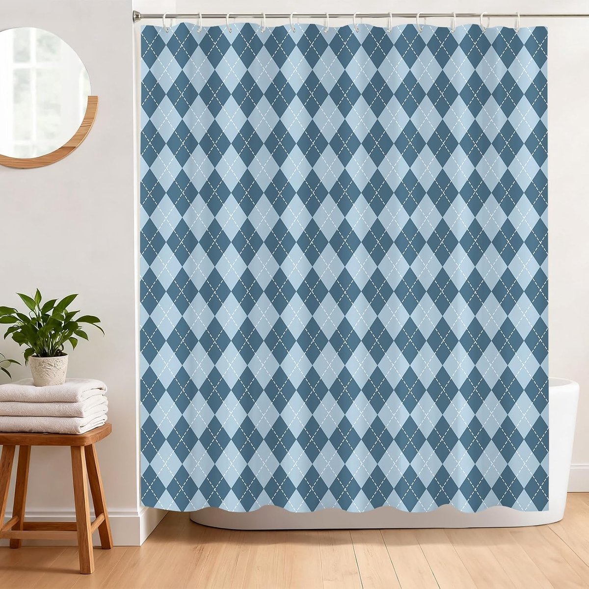 geometrisch douchegordijn 180 x 180 cm anti-schimmel douchegordijn blauw geruit minimalistische stijl stof polyester waterdicht badgordijn met oogjes en 12 haken