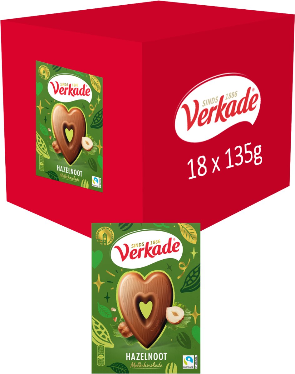 Verkade Chocoladehart Melkchocolade - Hazelnoot - 18 x 135 gram