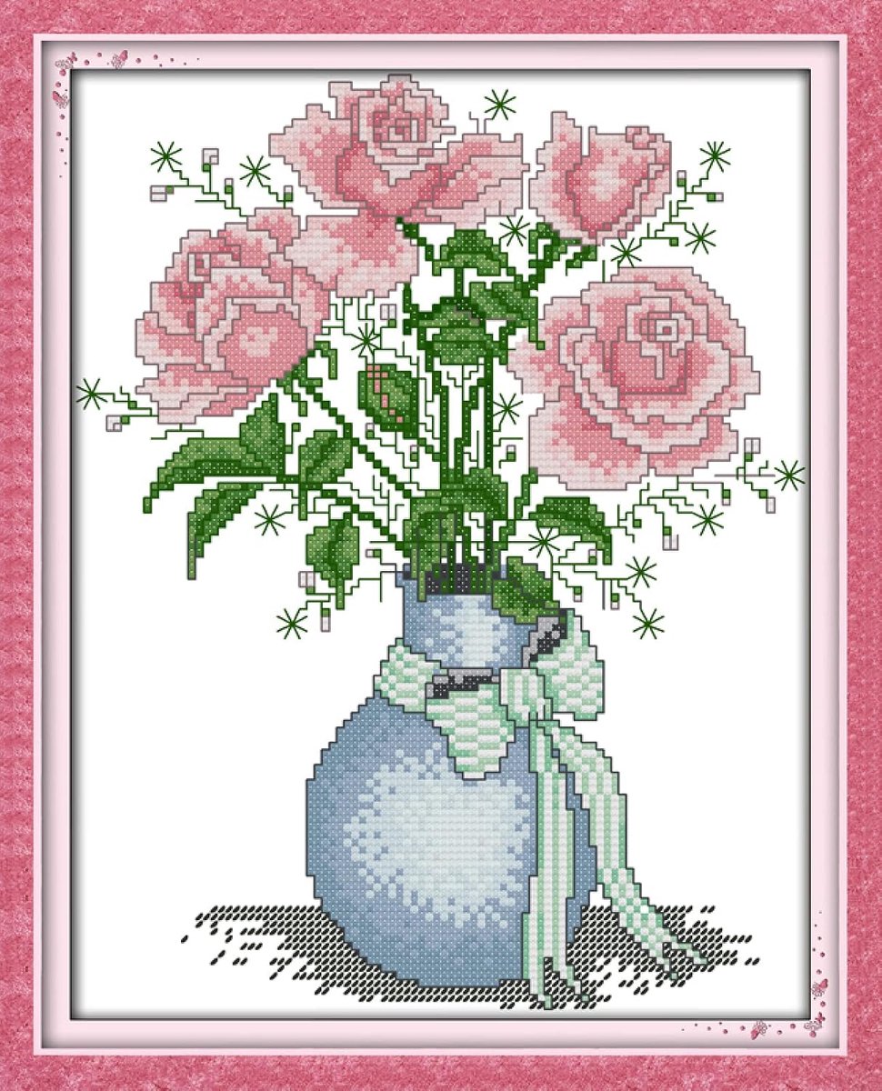 kunst kruissteek naalden patronen kits, roze bloem, volledige reeks gestempelde borduurset met patroon en instructies geschenkdecoratie (voorgedrukte stof 11CT) 16 * 20 inch