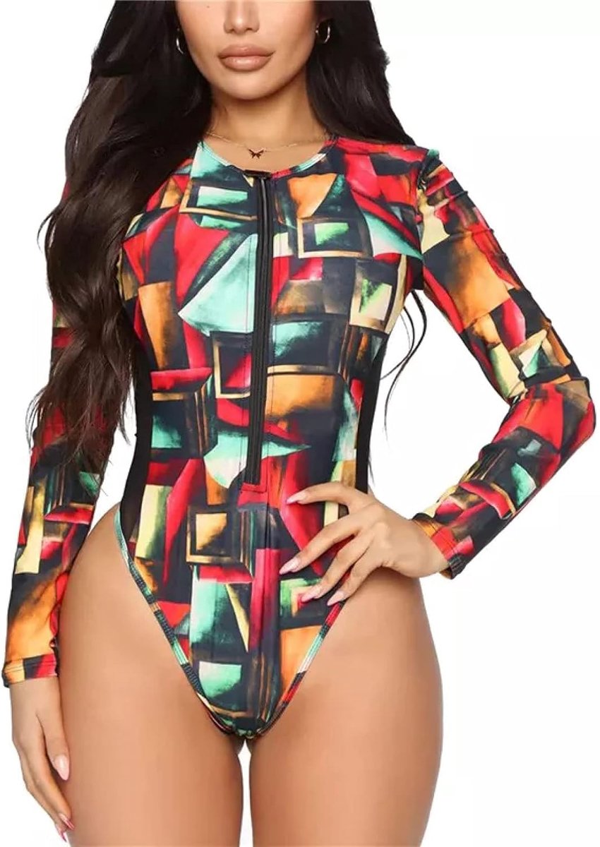 Geometrische Gedrukt Eendelige Lange Mouw Front Rits Patchwork Tule Taille Driehoek Badmode Badpak Bikini