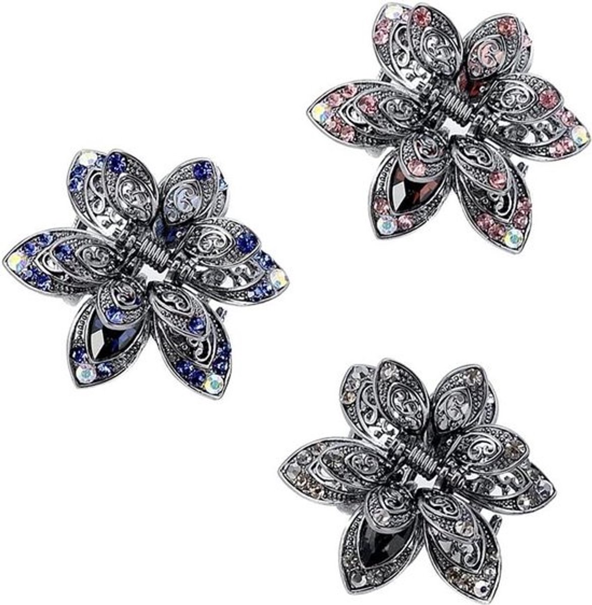 Haarspelden Kristallen - Vintage Strass Clips - Feestelijke Haarstyling - In elkaar grijpende Tanden - 3 stuks - Blauw Paars Grijs