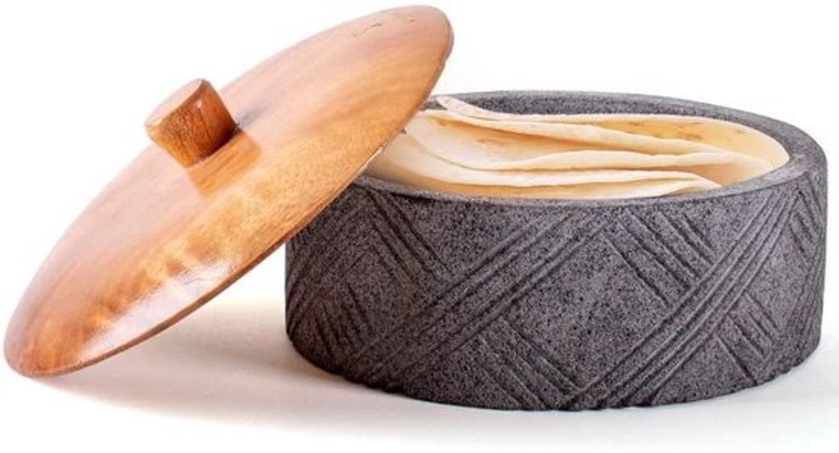 Tortillawarmer - Tortilla Houder - Tortillas Warm Houden - Handgemaakt Vulkanisch Steen - 20 cm Diameter - Zwart