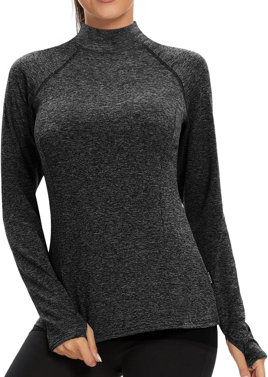 Thermoshirt voor dames, lange mouwen, capuchontrui, functioneel shirt voor dames, lange mouwen, winter, fleece, pullover, thermo-loopshirt, sportshirt voor dames, lange mouwen, warme lange mouwen, ademend, zwart, S