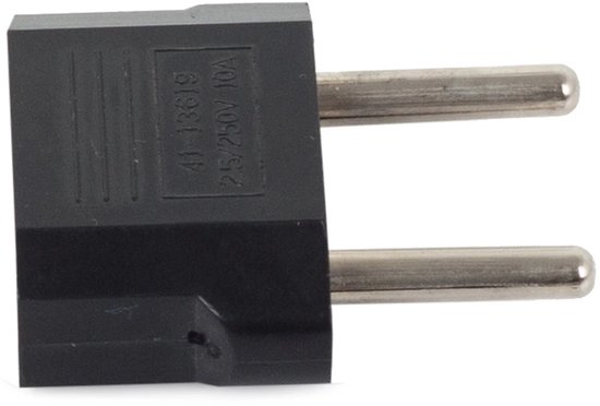 Zwarte reisstekker adapter met twee ronde pinnen, met tekst '41-13619 25/250V 10A'.