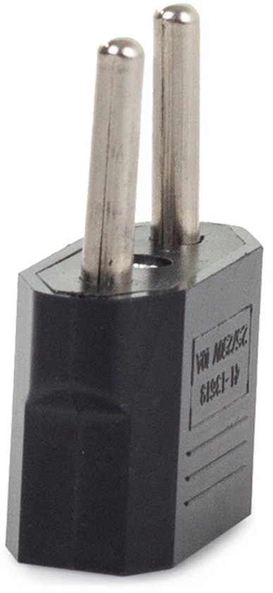 Zwarte reisstekker adapter met twee ronde pinnen, met tekst '41-13619 25/250V 10A'.