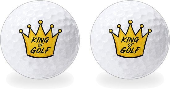 Twee witte golfballen naast elkaar, elk met een gele kroon en de tekst 'KING OF GOLF'.