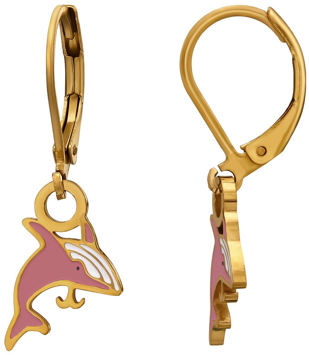 Joy|S - Dolfijn bedel oorbellen - Brisure sluiting - Chirurgisch staal - ip/pvd gold plated - dolfijn met leverback - kinderoorbellen