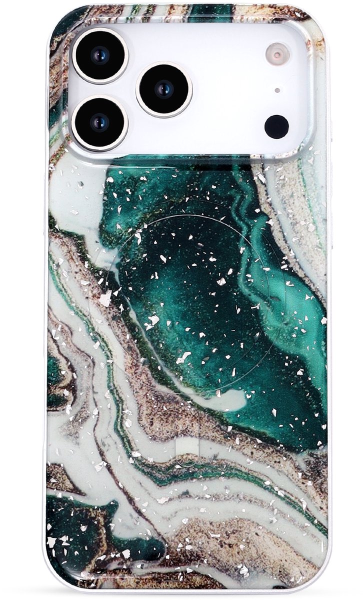 Casemania Hoesje Geschikt voor Apple iPhone 18 Pro - Groen - Marmer Glitter Magnetisch Back Cover - Geschikt voor MagSafe