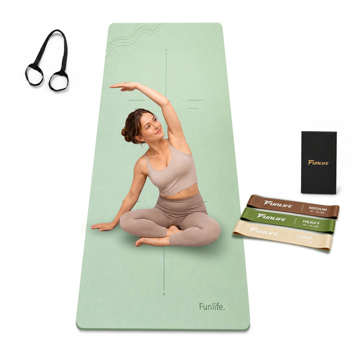 FunLife Yogamat 183 × 61 cm met 3 Weerstandsbanden – 8 mm TPE Fitnessmat Sportmat Antislip met Draagriem voor Yoga en Pilates