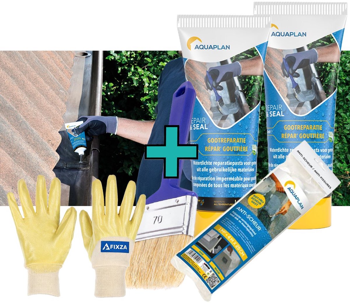 Aquaplan Gootreparatie – Anti-scheur set – Waterdichte Reparatiepasta voor Dakgoten – Elastisch & Scheuroverbruggend – 300 ml