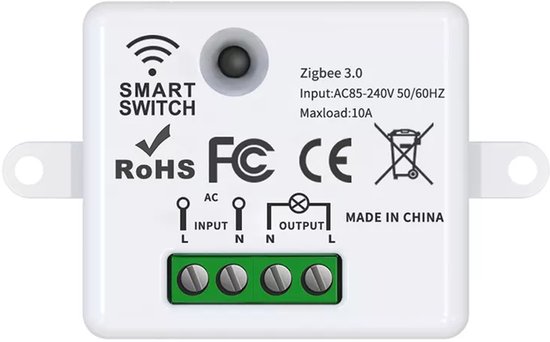 Witte smart switch met Zigbee 3.0, input en output aansluitingen, en diverse keurmerken.