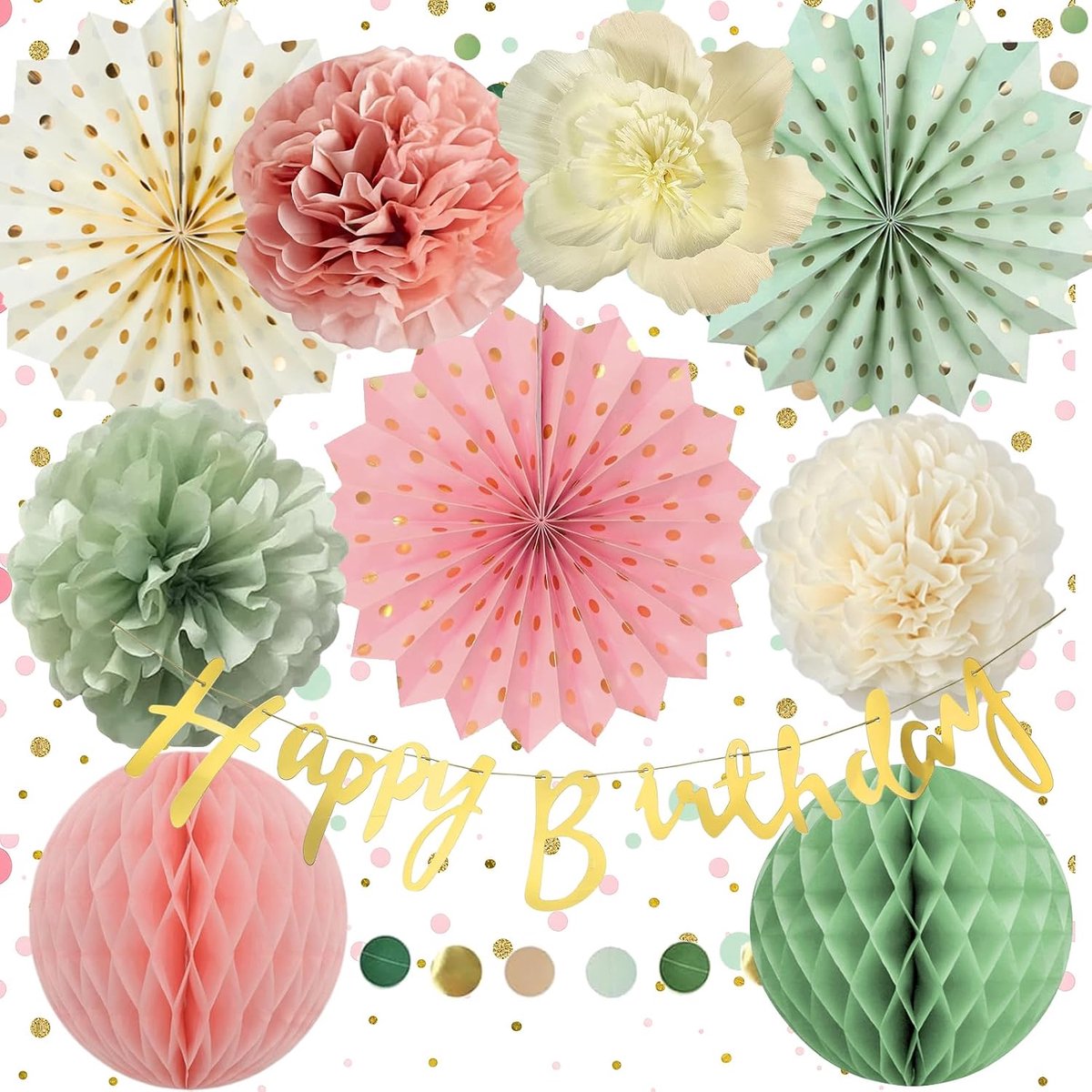 roze decoratie verjaardag vrouwen, gouden banner Happy Birthday, papieren bloemen decoratie verjaardag, saliegroen, Happy Birthday Deco voor meisjes, herbruikbare feestdecoratie