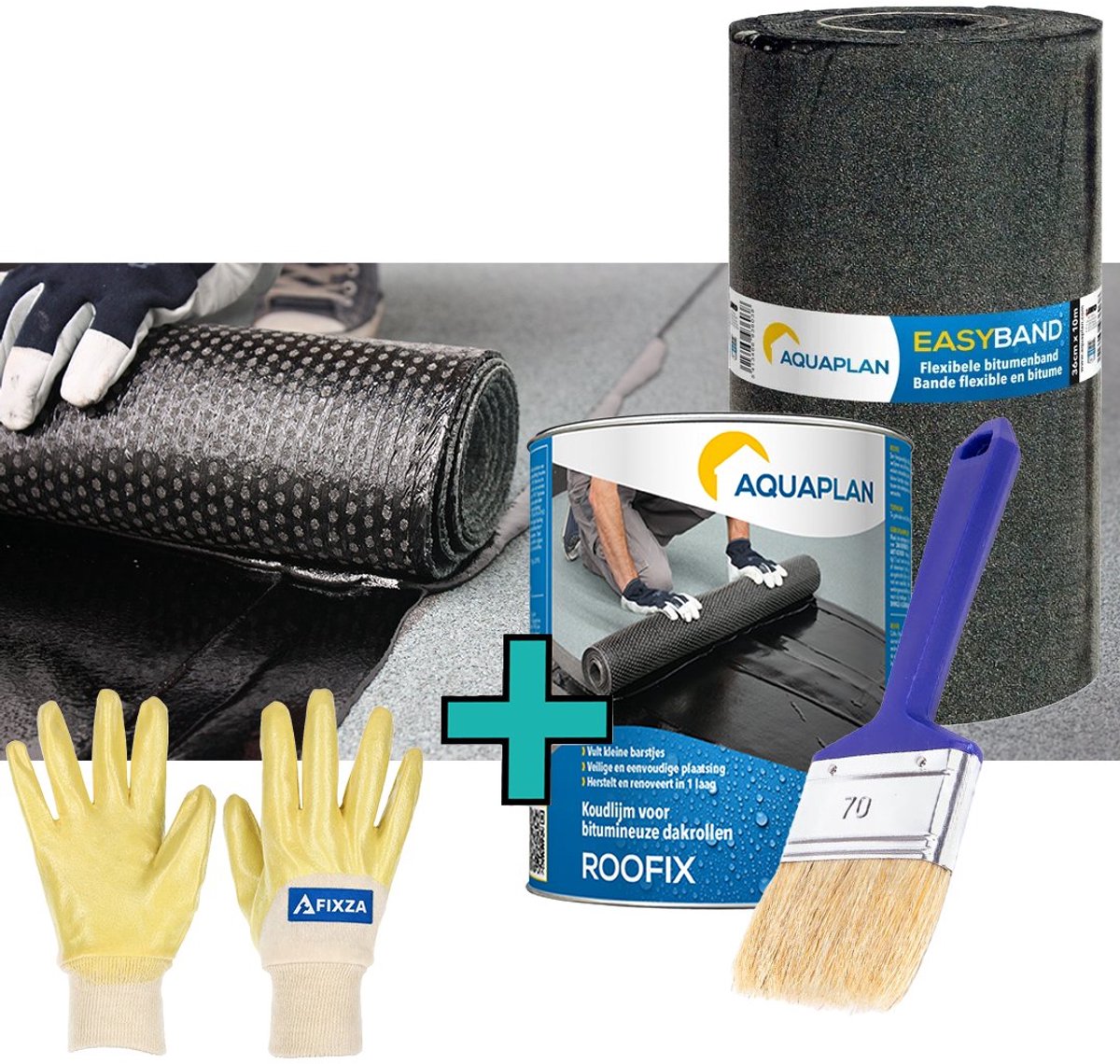 AQUAPLAN Easy-Band Flexibele Bitumenband – set met Roofix 3 kg – Waterdichte Reparatieband voor Dak, Dakrand, Schoorsteen en Muur – 10 m x 28 cm