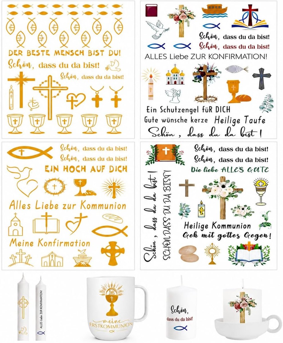 4 vellen tatoeages voor kaarsen, communie, goud en kleuren, watersticker voor kaarsen, kopjes en decoraties, creatieve set voor communie en doop, stickers voor meisjes en jongens