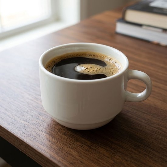 Witte stapelbare mok gevuld met koffie en schuim, op een houten tafel met boeken.
