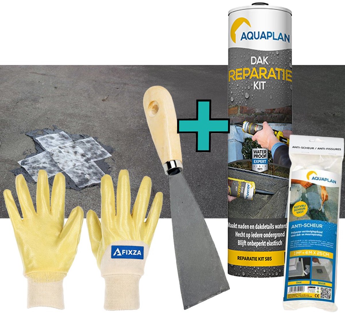 Aquaplan Dak-Reparatie - set -Kit – Waterdichte Elastische Dakreparatie Pasta voor Bitumen Dak en Dakgoot - 310 ml