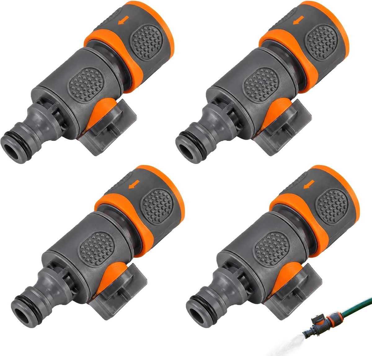 Slangkoppeling met regelventiel, professionele tuinslangaansluiting met afsluitventiel, nauwkeurige waterstroomregeling, 1/2 inch aansluitsysteem, set van 4