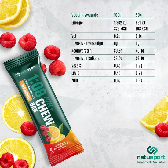 Natusport FUEL+ Chew Bar – Energiereep met 40 g Koolhydraten - 1:0,8 Glucose-Fructose - Lemon Raspberry - 12 stuks — afbeelding 2