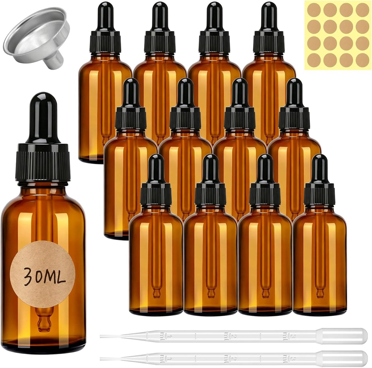 12 stuks 30 ml amberkleurige druppelflesjes, navulbare glazen oogdruppelflesjes met pipetten, trechter en etiketten, lege monsterfles voor etherische oliën, parfums, aromatherapie, chemie lab