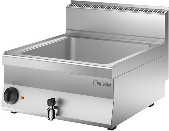 Bartscher bain-marie met aftapkraan en bedieningsknop, volledig roestvrij staal.