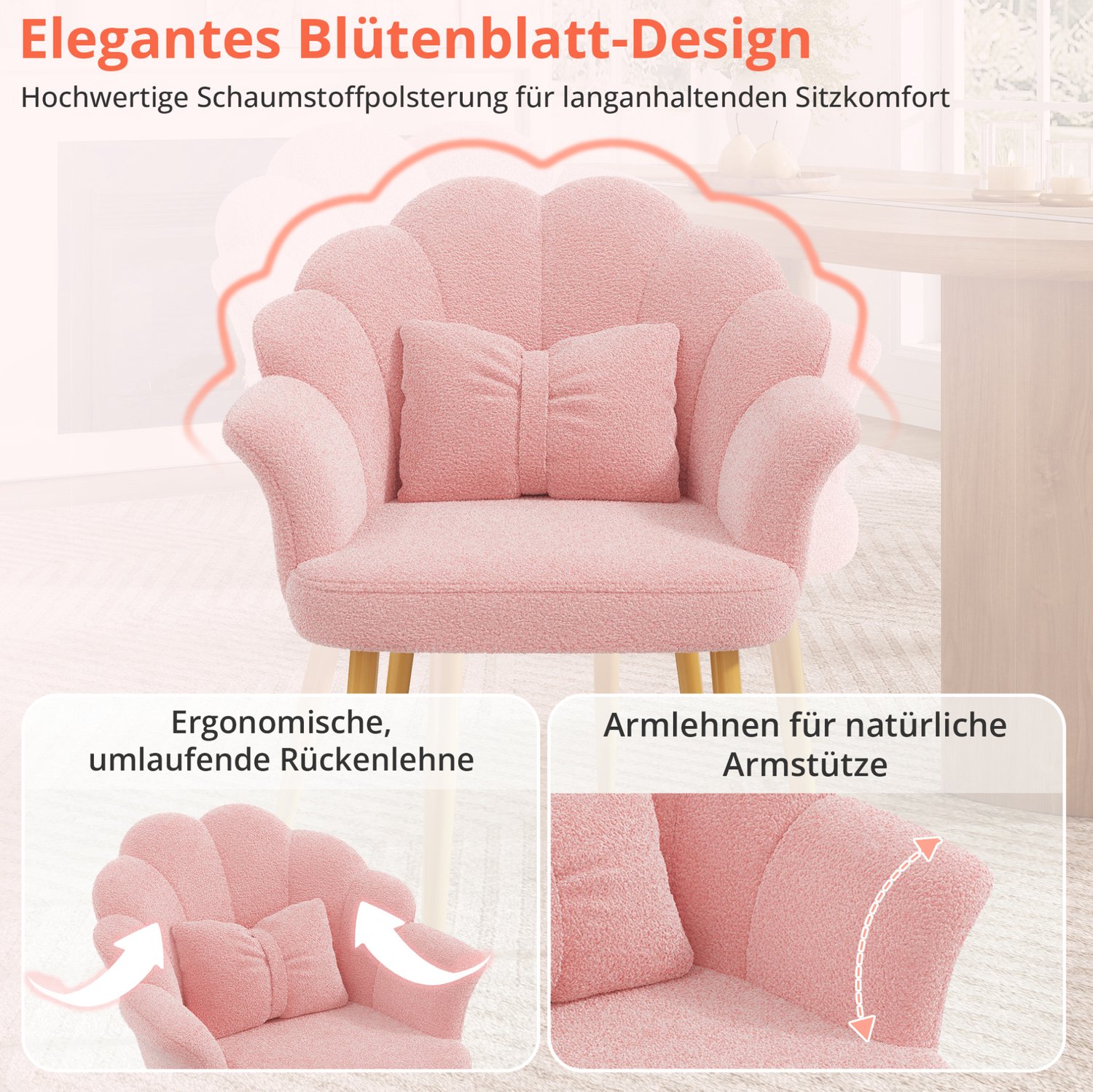 FloraGrace Eetkamerstoel - Set Van 4 Met Armleuningen En Bloemblaadrugleuning - Voor Eetkamer En Slaapkamer - Teddy-Stof - Roze