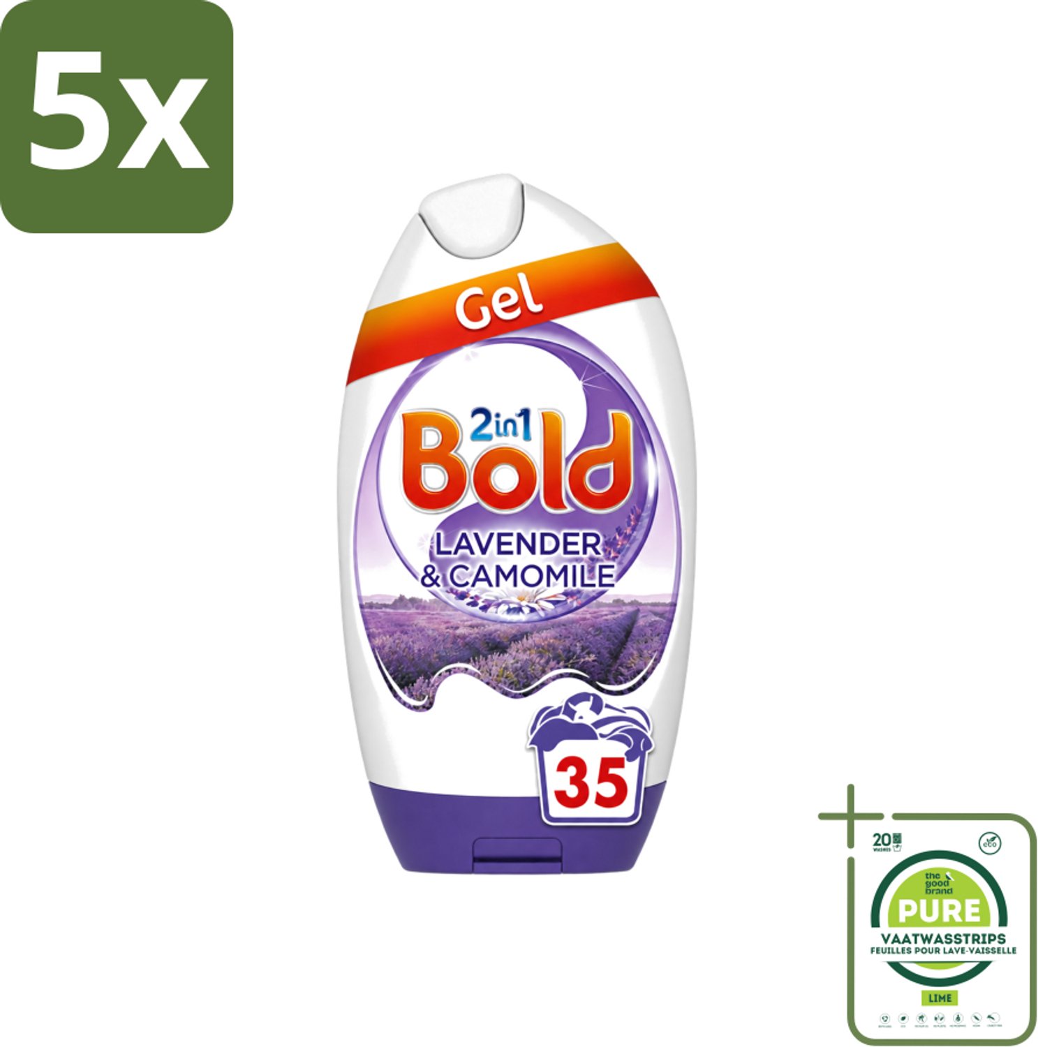5 x BOLD - Wasgel - 2 in 1 - Lavendel en Kamille - 35 Wasbeurten - Grootverpakking - Vaatwasstrips - Wasgel - Wasmiddel - Wasbeurt - Wasmachine - Kleding Reinigen