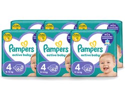 6 x Pampers – Luiers – Active Baby Maat 4 (9-14 kg) – 62 Luiers - Voordeelverpakking - 6 stuks