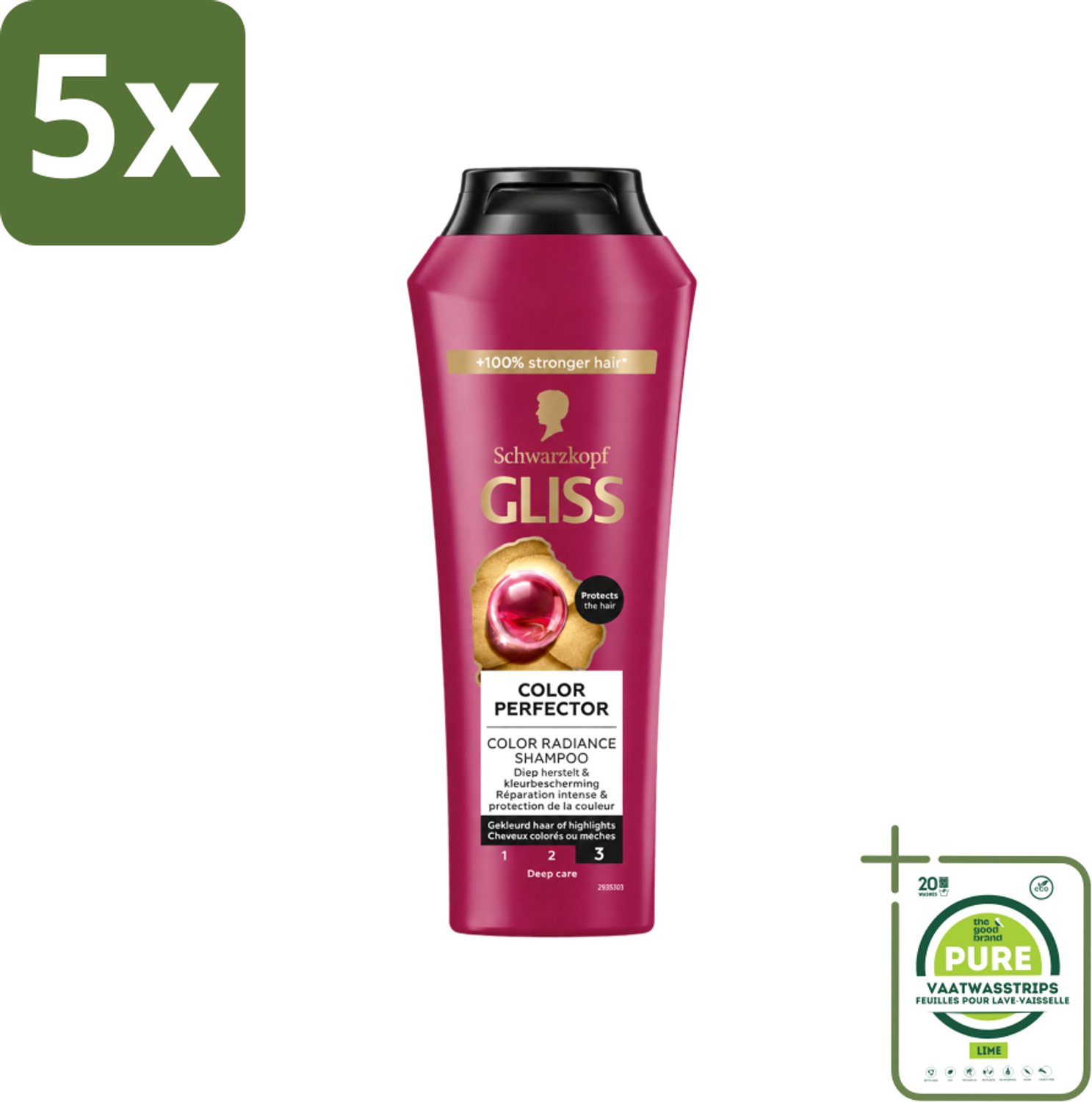 5 x Gliss - Shampoo - Color Protect & Shine - Voor Langdurige Kleurbehoud - 250 ml - Grootverpakking - Vaatwasstrips - Kleurbehoud - Glans - Haarverzorging - Kleurbescherming - Haarherstel