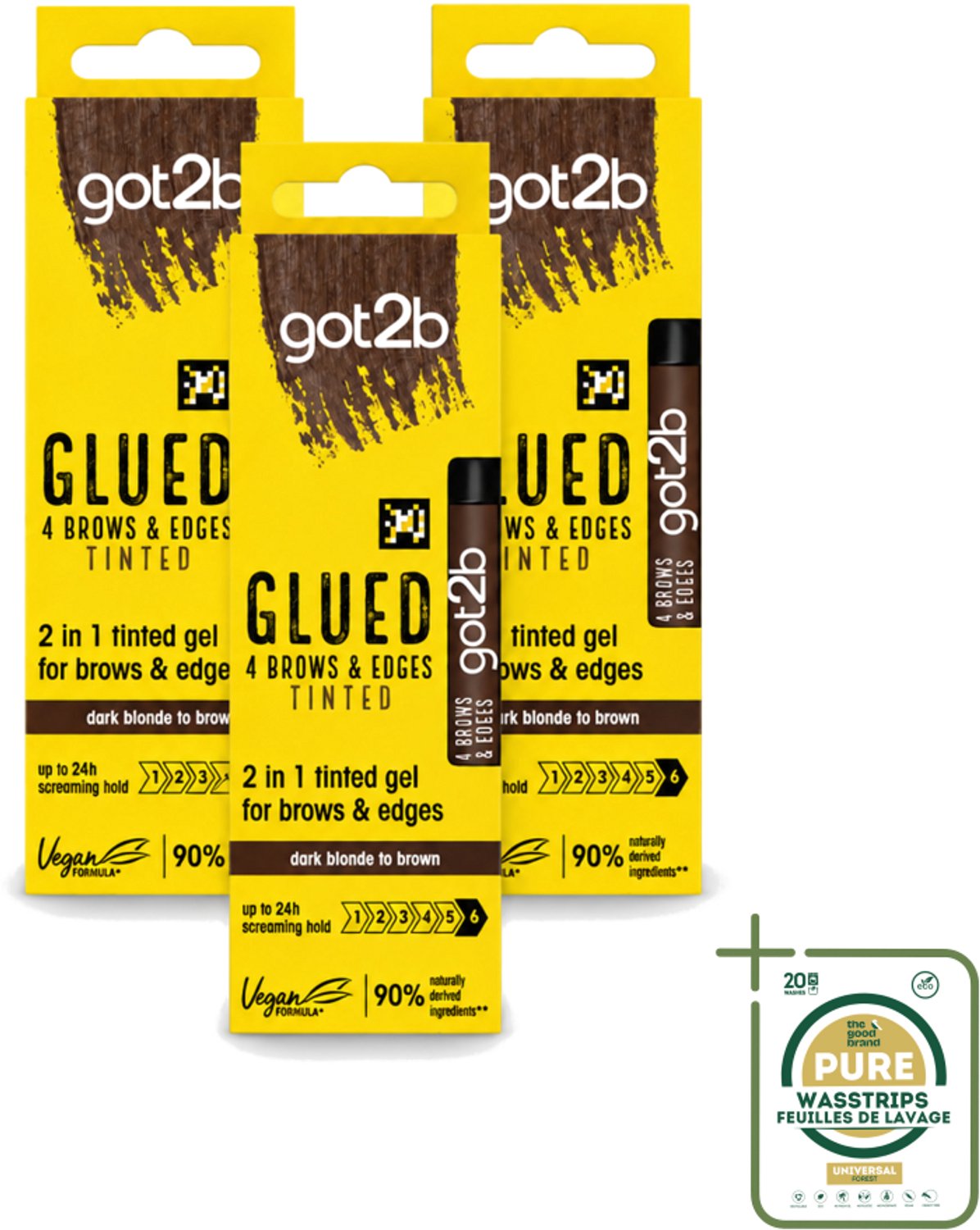 3 x Got2B - 2-in-1 Gel - Brows & Edges Donkerbruin - 16 ml - Wasstrips - Wenkbrauwen Stylen - Haarranden Stylen - Haarlijn Stylen - Donkerbruine Gel - 2-in-1 Gel
