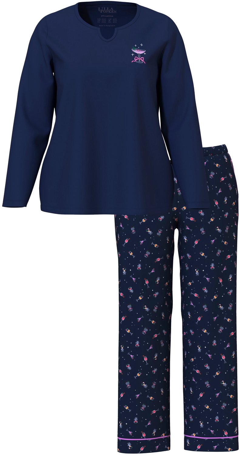 Ulla Popken - Dames - Pyjama cocktail tuniekhals lange mouwen - Nachtblauw - Maat 46+