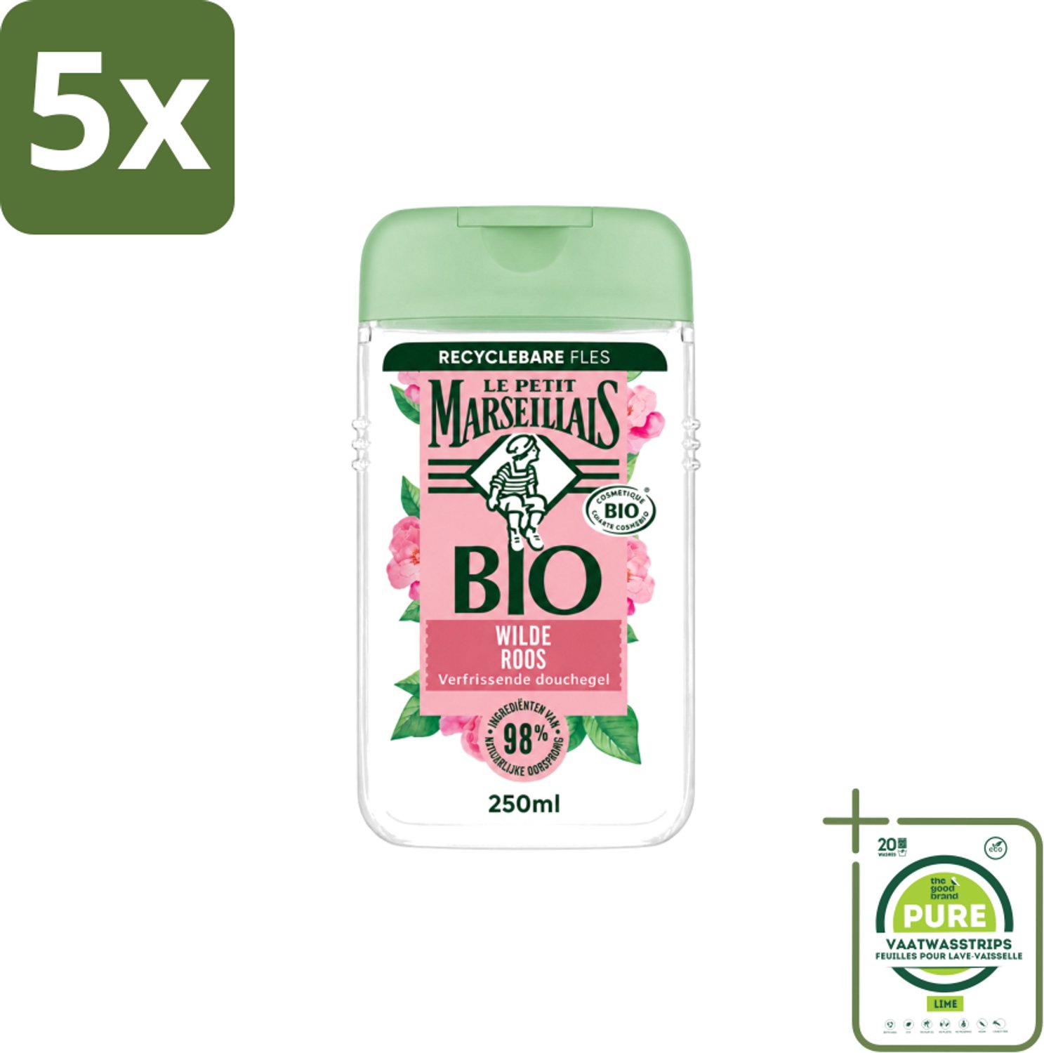 5 x Le Petit Marseillais – Douchegel – Bio Wilde Roos – Verfrissend – 250 ml - Grootverpakking - Vaatwasstrips - Douchegel - Bio Rozenbottel - Frisse Douchegel - Natuurlijke Douchegel - Zachte Reiniging