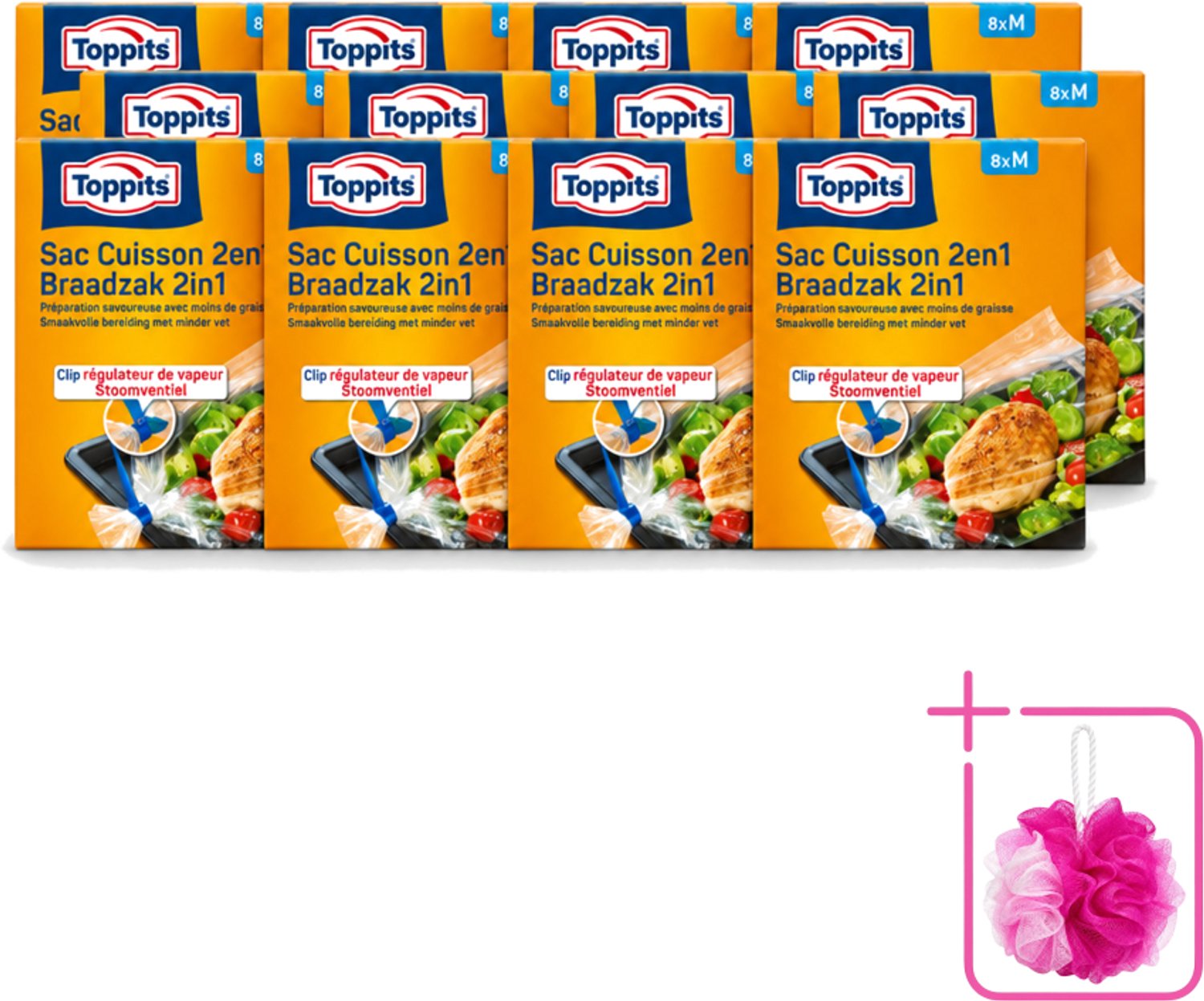 12 x Toppits – 2-in-1 Braad- & Stoomzakken – Maat M – 8 Zakjes - Bulkverpakking - Braadzakken oven - Douchemop - Braadzakken magnetron