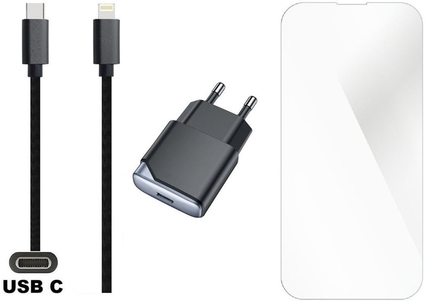 OneOne 30W super snellader en screenprotector van glas voor iPhone 14 Pro + 1,2m sterke USB C naar Lightning kabel. GaN lader. PD PPS oplader adapter. Glazen screenprotector past op Apple iPhone 14 Pro