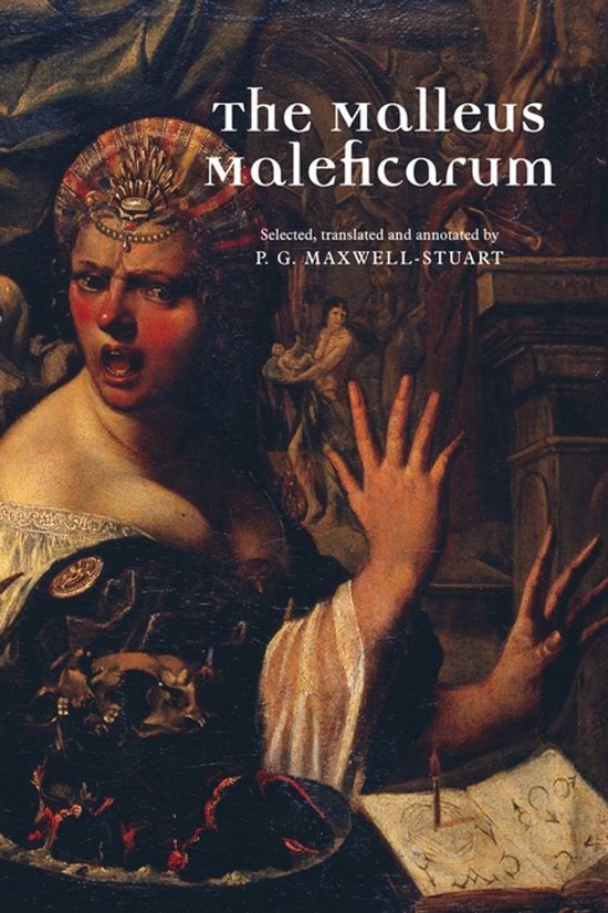 Boekomslag van The Malleus Maleficarum met een klassiek schilderij van een vrouw met een hoofdband en open boek.