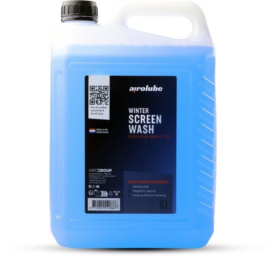 Bidon de 5 litres de lave-glace d'hiver Airolube avec liquide bleu, bouchon noir et étiquette descriptive.