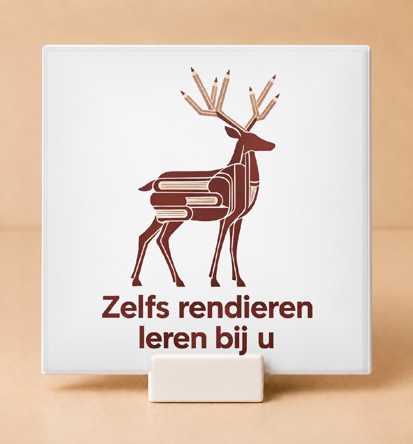 Bedruk King Strakke typografische 'Zelfs rendieren leren bij u' Tegel – Moderne poster voor kantoor en rapportliefhebbers - 11 x 11 cm met houder Wit