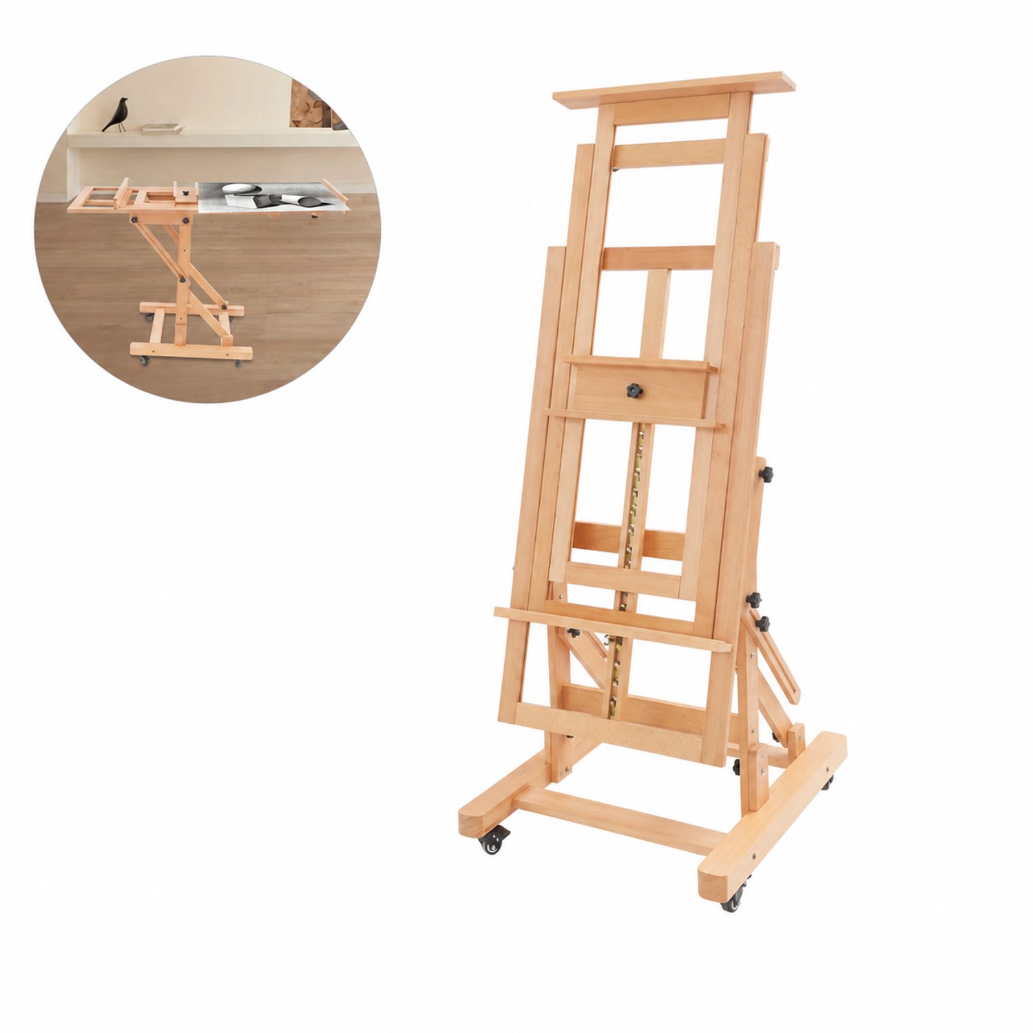 Veya Schildersezel - Voor volwassenen - Horizontaal - Verticaal - Verstelbare hoogte 140-300cm - Massief hout - 4 wielen + remmen