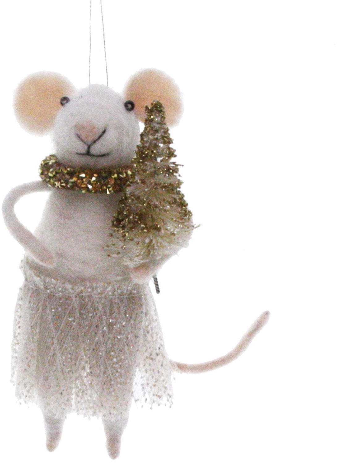 Muis met jurk en goude kerstboom 6x5x13cm