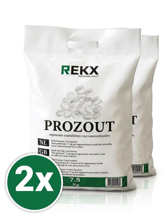 Twee zakken REKX PROZOUT regeneratiezout van 7,5 kg elk voor waterontharders, weergegeven met een 2x symbool.