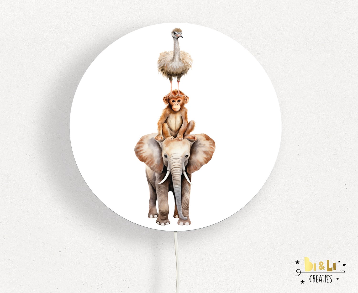 Wandlamp rond safari stapel-safari-lamp-jungle-olifant-aapje-sfeerverlichting-kinderkamerdecoratie-woonaccessoires