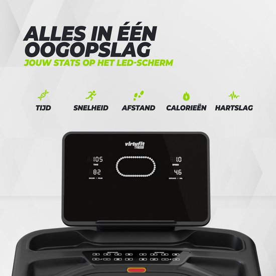 Zwart LED-scherm van de VirtuFit TR100i toont tijd, snelheid, afstand, calorieën en hartslag.