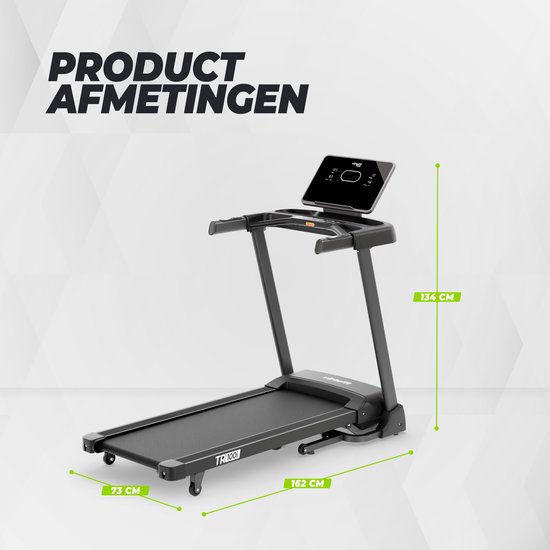 Zwarte VirtuFit TR100i loopband met afmetingen aangegeven in centimeters: 162 lang, 73 breed, 134 hoog.